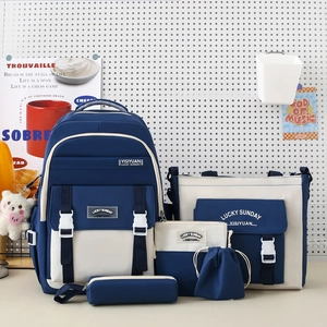 5-piece navy and beige canvas backpack set for school girls including tote and pencil case