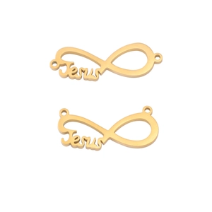 Close-up of golden Jesus infinity symbol connectors for DIY jewelry making