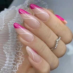 Rose Red French Tip Press On Nails Long Almond False Nails With Geometric Lines Stylish Pink Fake Nails Set For Women