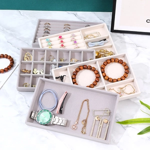 Beige and grey velvet jewelry organizer trays for rings and necklaces drawer storage