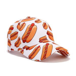 White baseball cap with creative all-over hot dog print shown from a 45-degree angle