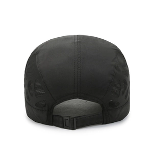 Quick-dry black baseball cap with breathable honeycomb mesh and adjustable buckle strap