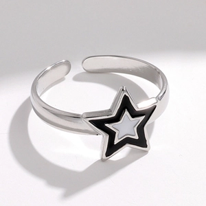Elegant silver open star ring with black and white enamel finish for women