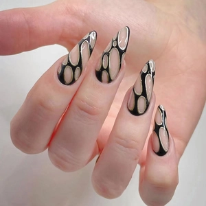 Stiletto Press On Nails Resin Black Nude Abstract Bubble Pattern Gold Line Spicy Girl Y2K Style For Women