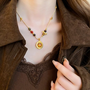 Rotatable Peking Opera Mask Pendant Necklace With Imitation Artificial Pearl Tiger Eye Red Agate And Woven Rope Ethnic Jewelry