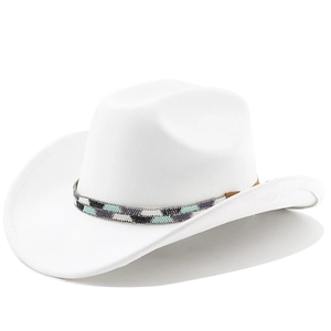 Close-up of white suede cowboy hat with colorful ethnic beaded band and wide brim