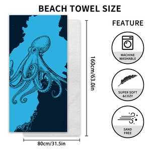 Blue octopus beach towel 160x80cm sand free and machine washable microfiber sport towel