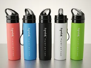 Detailed row of 600ml collapsible silicone water bottles in five various colors