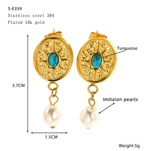 Detail showing vintage gold earrings with turquoise and imitation pearls, size 3.7x1.5cm