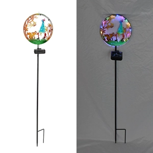 Detail view of solar animal garden stakes showing day state and night color LED effects