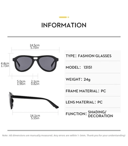 Size guide for large frame aviator sunglasses showing detailed product dimensions and material PC