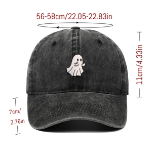 Detailed size guide for washed cotton ghost embroidery baseball cap in dark grey color