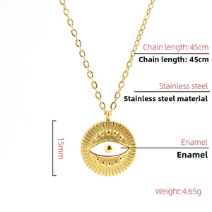 Detail view showing 15mm evil eye pendant on 45cm stainless steel gold chain