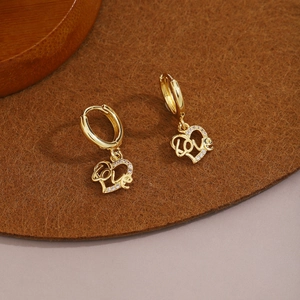 Golden heart earrings with LOVE engraving and sparkling rhinestones for women