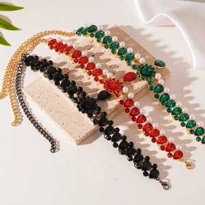 Vintage multi-layer pearl necklace with water drop rhinestones in red, green, and black colors