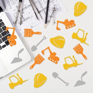 Construction theme party confetti featuring orange excavators and yellow hard hats