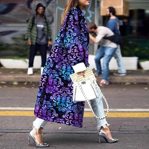 Loose ankle-length wool coat with purple and blue baroque vine print for women
