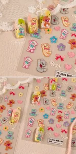 Close-up of 5D embossed bear nail stickers with embroidery texture for cute nail art