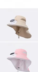 Detail of solar powered fan and protective neck flap on kids outdoor sun hat
