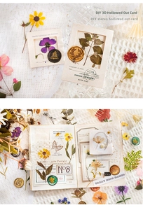 Detail of vintage 3D hollow card set with dried flowers and wax seal stickers for journaling