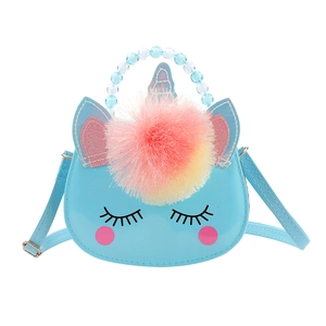 Light blue unicorn crossbody bag for girls with beaded handle and plush pom-pom