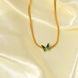 French vintage 18k gold plated stainless steel necklace with green butterfly pendant