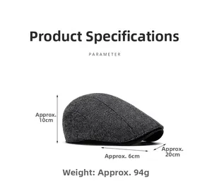 Size chart showing dimensions for wool flat cap with 10cm height and 6cm brim details