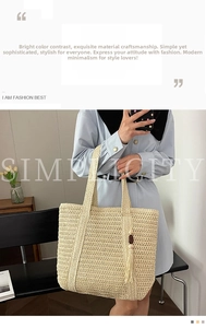 Detail of hand-woven straw tote bag featuring decorative fringe with wooden beads
