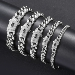 Polished stainless steel Cuban link bracelets in five widths with pavé cubic zirconia clasps