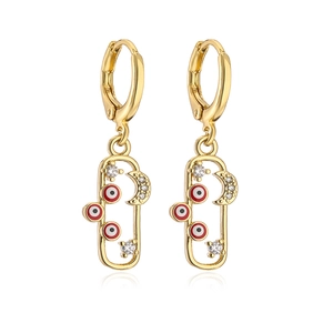 Vergoldete Ohrringe mit rechteckigem Anhänger, Evil Eye Emaille und Mondsichel Zirkonia