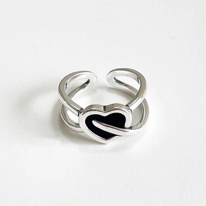 Minimalist S925 sterling silver open ring with black heart design and double layered band