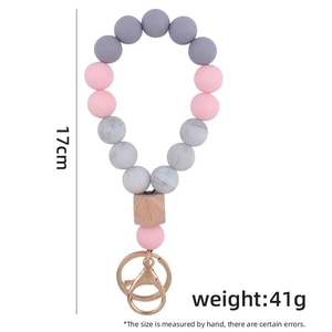 Colorful silicone beaded wristlet keychain with wood hexagon bead and gold metal clasp