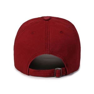 Adjustable burgundy cotton baseball cap with metal buckle closure and six-panel design