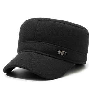 Men's winter black flat top military cap with thick wool fabric and ear protection