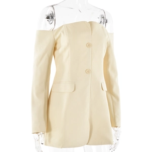 Detail of beige off-shoulder blazer dress featuring two front buttons and side pockets
