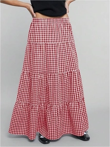 Vintage high waist red plaid tiered maxi skirt with a-line flared silhouette and elastic waist