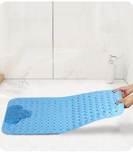 Blue non-slip bathroom mat with powerful suction cups and built-in foot massage brush