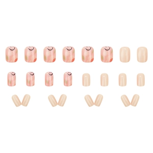 Short square floral press-on nails with smiley face graffiti and nude pink finish