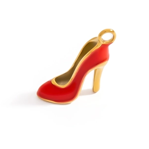 Detail of red high heel shoe pendant with gold trim for DIY jewelry making