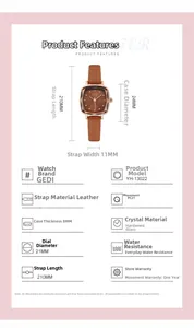 Detailed specifications of the vintage square dial quartz watch with leather strap