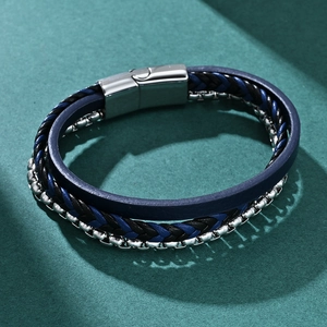Men's titanium steel bracelet with blue woven leather layers and silver metallic bead chain
