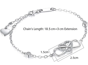 Detailed dimension guide for S925 silver infinity heart bracelet with cubic zirconia stones