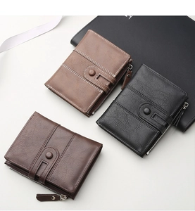 Three PU leather men's wallets in brown and black with stitching and zip detail