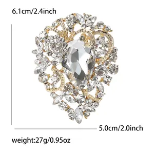 Elegant vintage alloy rhinestone flower brooch with large pear-shaped crystal for suits