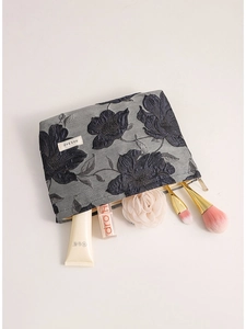Vintage dark blue jacquard floral makeup bag with golden zipper and luxury embroidery