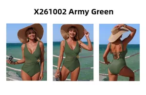 Army green one-piece swimsuit featuring elegant side starfish metal detail and V-neckline