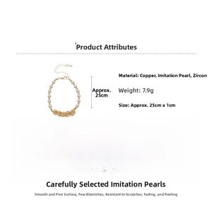 Detail view of gold zircon copper coin pearl bracelet with material and size specifications