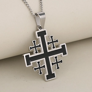 Silver stainless steel Jerusalem cross necklace with black enamel inlay for men