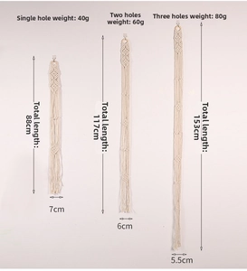 Size guide for macrame hat holder showing dimensions and weights for three variations