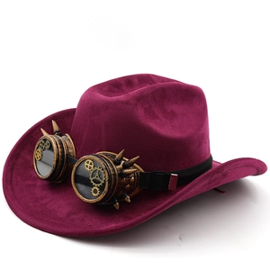 Macro view of burgundy suede cowboy hat featuring steampunk goggles with gear details